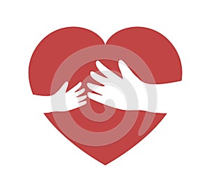 Red heart shape with hand embrace. Hug yourself logo