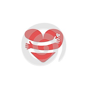 Red heart shape with hand embrace. Hug yourself logo. Love yoursel