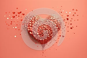 Red heart shape made of confetti on the light red background. Generative AI