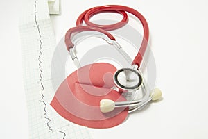 Red heart shape and stethoscope lying on electrocardiogram ecg line in a vertical position on a white background. Concept photo,