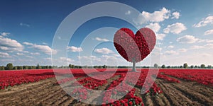 red heart shaped tree on rose field. Beautiful spring flower landscape