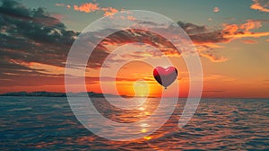 Red Heart Shaped Balloon Flying Over Ocean at Sunset