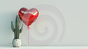 Red heart-shaped balloon tied to a cactus on a clean background. minimalistic and quirky style. love and juxtaposition