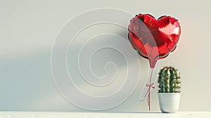 Red heart-shaped balloon tied to a cactus pot. contrasting objects creating a minimalist style photo. perfect for themes