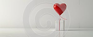 Red heart-shaped balloon tied to a white gift box on a minimalist white background