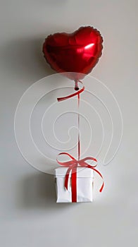 Red heart-shaped balloon tied to a white gift box with a red ribbon