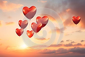 Red heart-shaped balloons in the sky at sunset.Valentine\'s Day banner with space for your own content. Whiteground color.