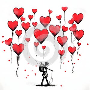 Red heart-shaped balloons on white isolated background, single girl releasing balloons. Heart as aol of affection and love