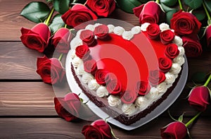 Red heart shaped cake on wooden table, roses around the edges. Valentine\'s Day, Mother\'s Day. Copy space