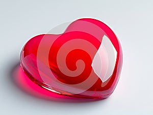 A red heart shaped glass object on a white surface