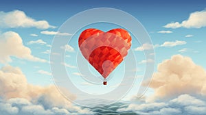 Red heart shaped hot air balloon flying in the blue sky