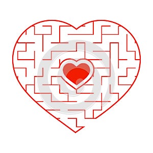 Red heart shaped labyrinth. Game for kids and adults. Puzzle for children. Labyrinth conundrum. Flat vector illustration isolated