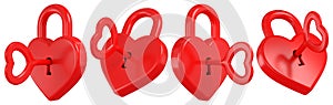 Red heart shaped padlock and key set. Valentine day design elements. 3D rendering.