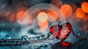 A red heart shaped pendant on a chain with blurry lights, AI