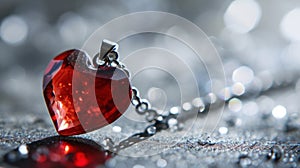 A red heart shaped pendant on a chain with water droplets, AI