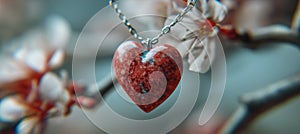 A red heart shaped pendant hanging from a branch of flowers, AI