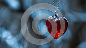 A red heart shaped pendant hanging from a chain on tree branch, AI