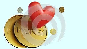 a red heart-shaped piggy bank filled with gold coins.