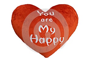 Red heart-shaped pillow with message