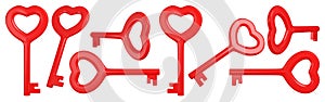 Red heart shaped skeleton key set. Valentine day design elements. 3D rendering.