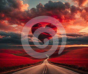 Red heart shaped sky at sunset. Beautiful landscape with road and clouds. AI generated