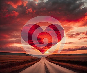 Red heart shaped sky at sunset. Beautiful landscape with road and clouds. AI generated