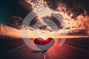 Red heart shaped sky at sunset. Beautiful landscape with road and clouds.Love background with copy space. Generative AI