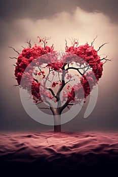 Red heart-shaped tree on a misty landscape. Valentines Day