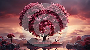 Red heart-shaped tree and pink heart leaves at a romantic sunset