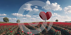 red heart shaped tree on rose field. Beautiful spring flower landscape