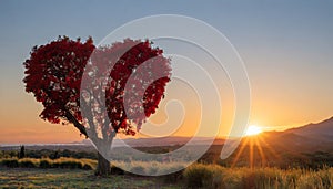 Red heart shaped tree at sunset