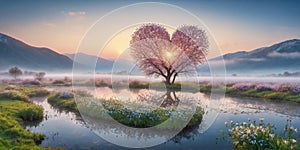 A red heart shaped tree at sunset