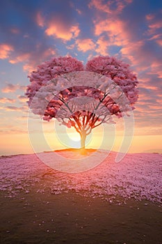 Red Heart Shaped Tree on sunset. AI Generated