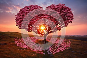 Red Heart Shaped Tree on sunset. AI Generated