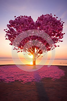 Red Heart Shaped Tree on sunset. AI Generated