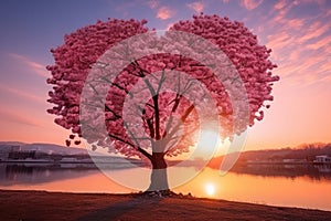 Red Heart Shaped Tree on sunset. AI Generated