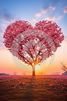 Red Heart Shaped Tree on sunset. AI Generated