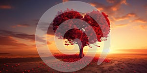 Red Heart Shaped Tree on sunset. AI Generated