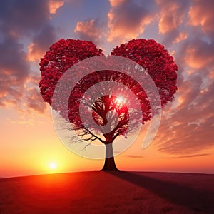 Red Heart Shaped Tree on sunset. AI Generated