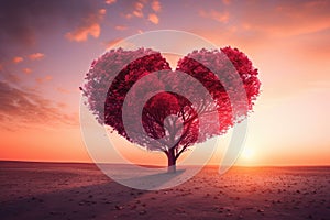 Red Heart Shaped Tree on sunset. AI Generated