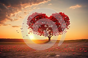 Red Heart Shaped Tree on sunset. AI Generated