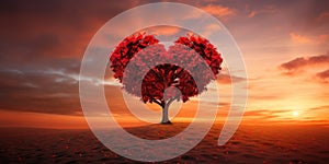 Red Heart Shaped Tree on sunset. AI Generated