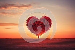 Red Heart Shaped Tree on sunset. AI Generated