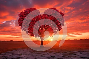 Red Heart Shaped Tree on sunset. AI Generated