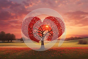 Red heart shaped tree at sunset. Beautiful landscape with flower