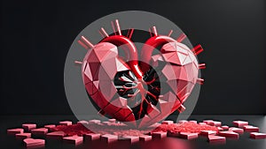 Red heart shattered into pieces. Glass texture. Broken heart. Digital AI