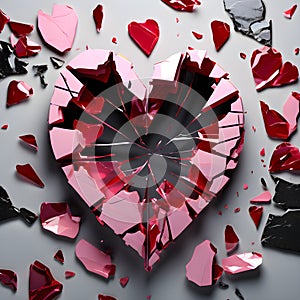 Red heart shattered into pieces. Glass texture. Broken heart. Digital AI