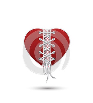 Red heart with shoelance. 3d effect. Vector illustration. Valentine`s card