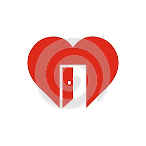 Red heart sign with open door, symbol of cordiality, open feeling, trust icon