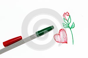 Red heart sign with red rose with green handle on white background